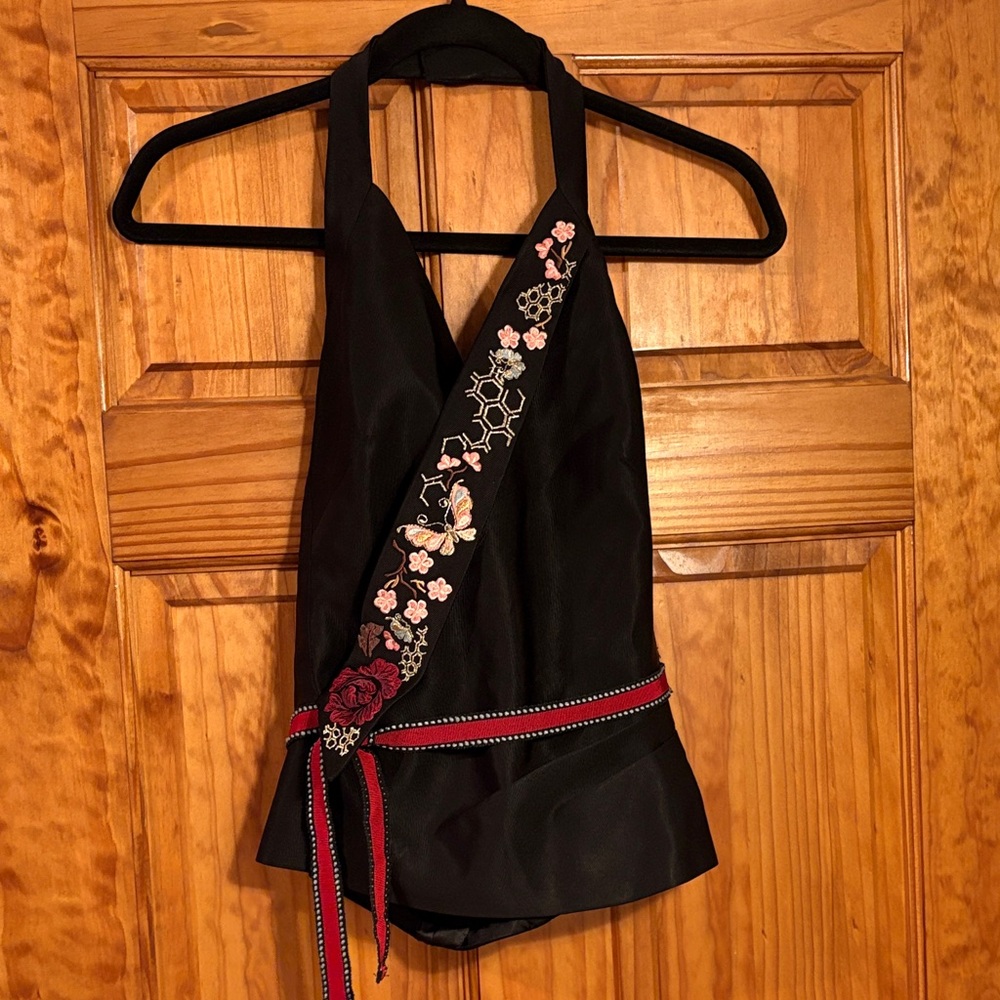 Karen Millen Black Halter Top with Red Floral Embroidery